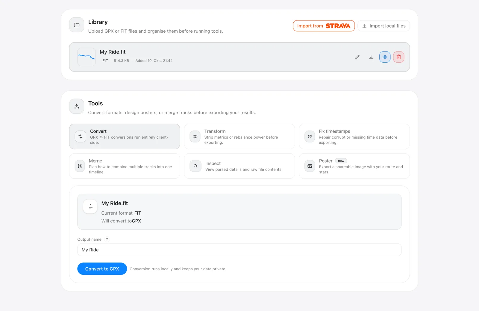 GPXtoolset conversion panel for GPX <-> FIT